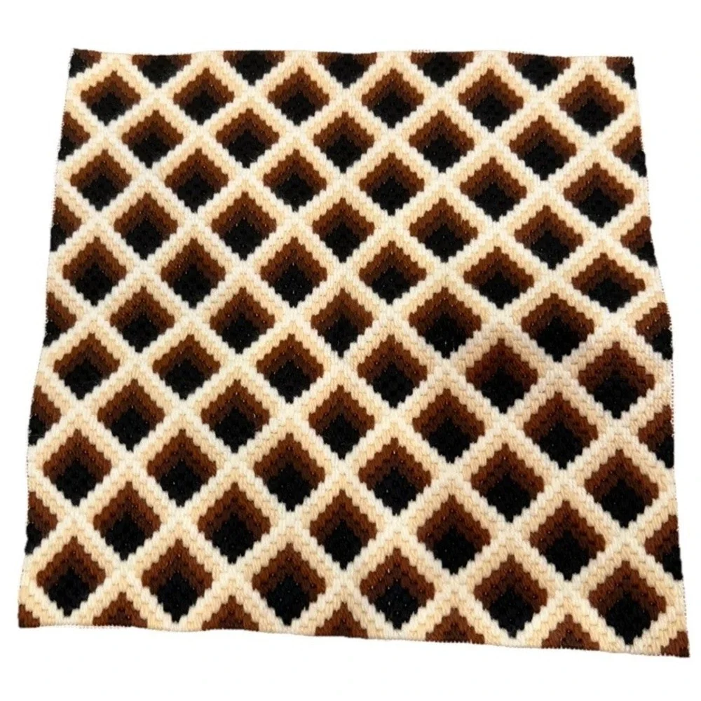Vintage Latch Hook Rug Brown Cream Black Geometric Retro 1970s Wall Hanging
